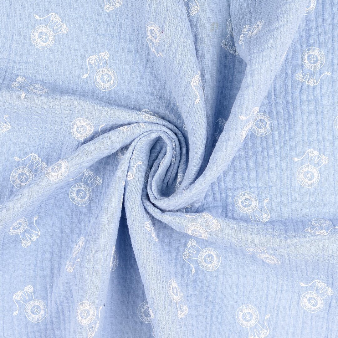 Katoenen mousseline bedrukt little lions pastelblauw