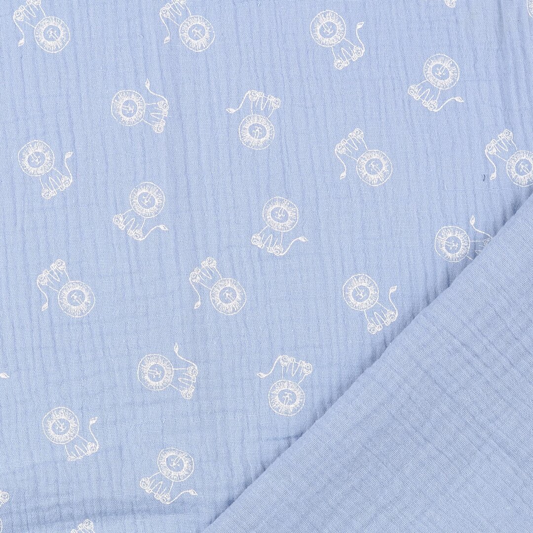 Katoenen mousseline bedrukt little lions pastelblauw