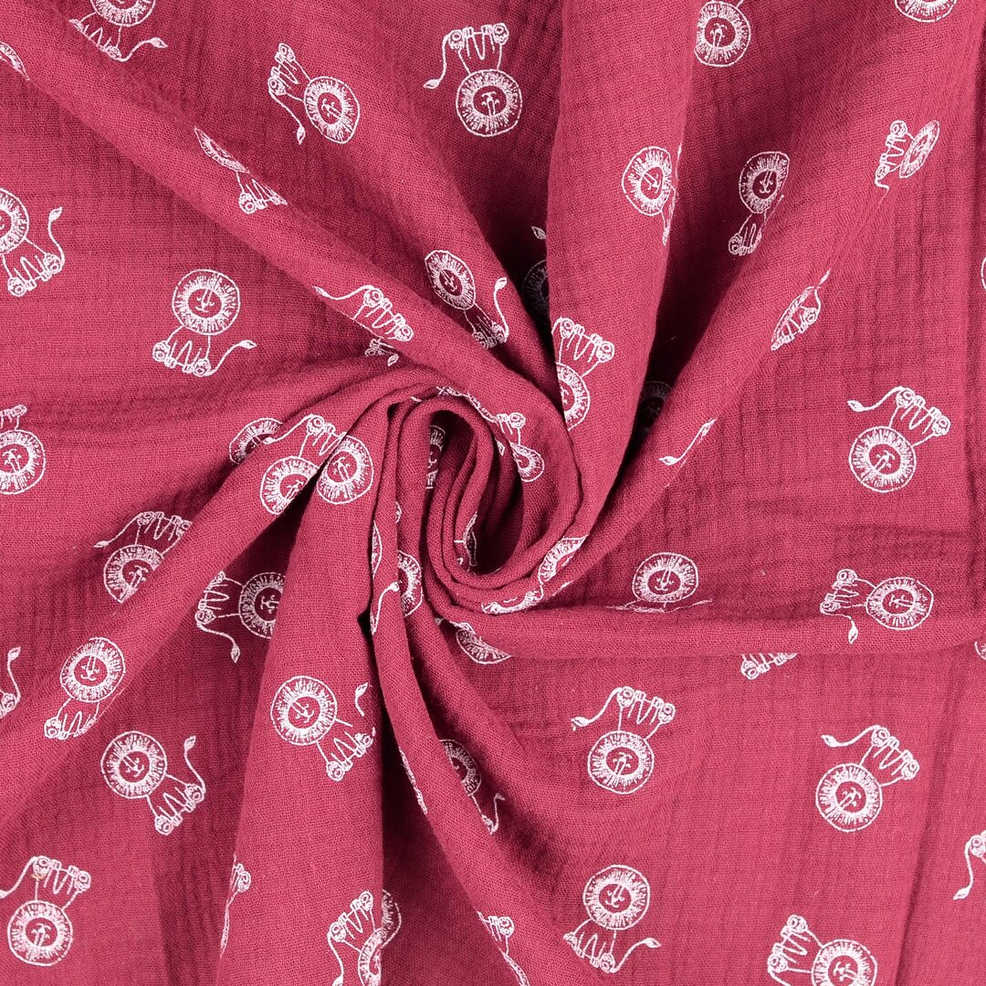 Katoenen mousseline bedrukt little lions bordeaux