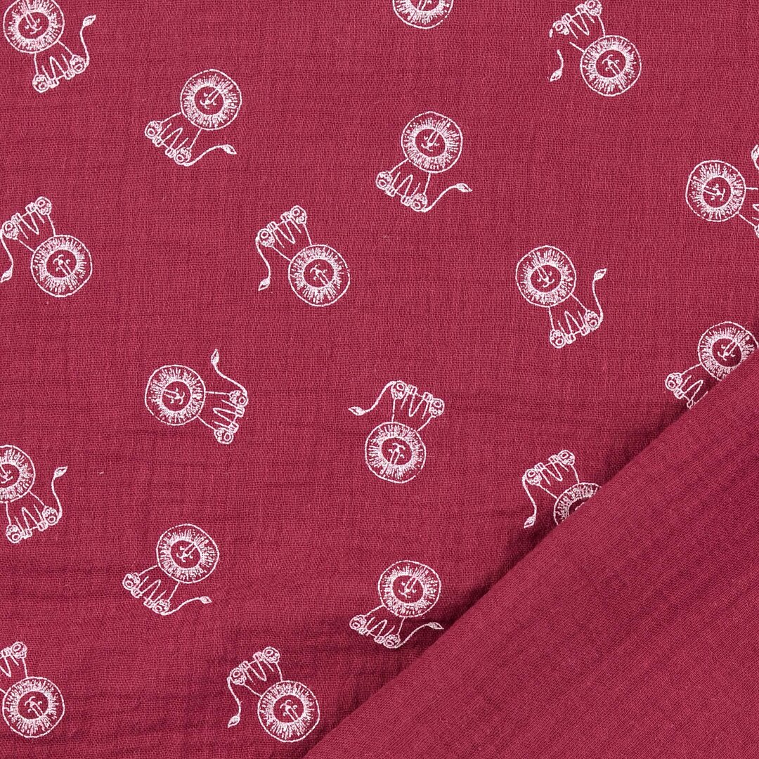 Katoenen mousseline bedrukt little lions bordeaux