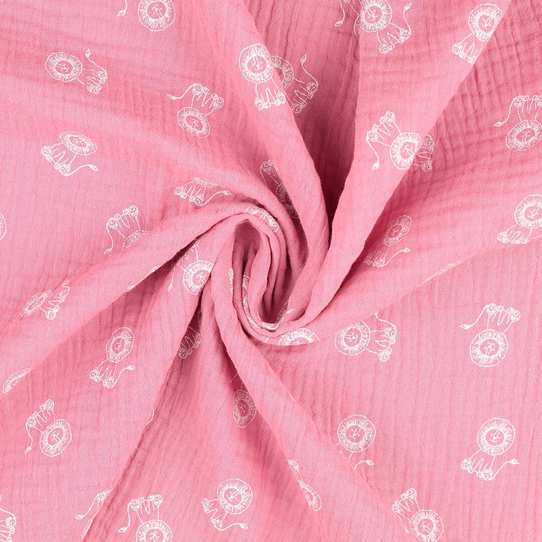 Katoenen mousseline bedrukt little lions oudroze