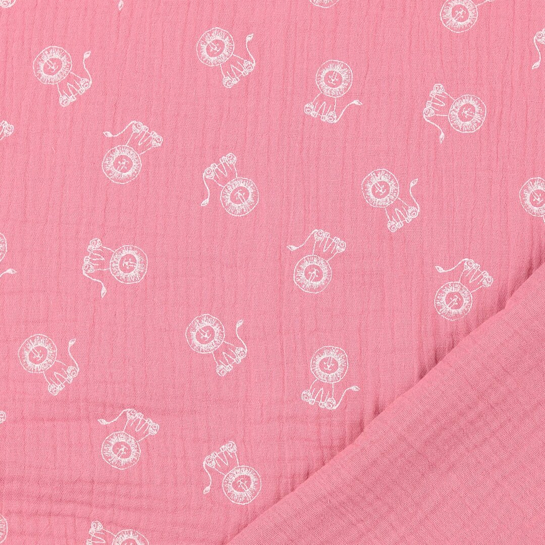 Katoenen mousseline bedrukt little lions oudroze