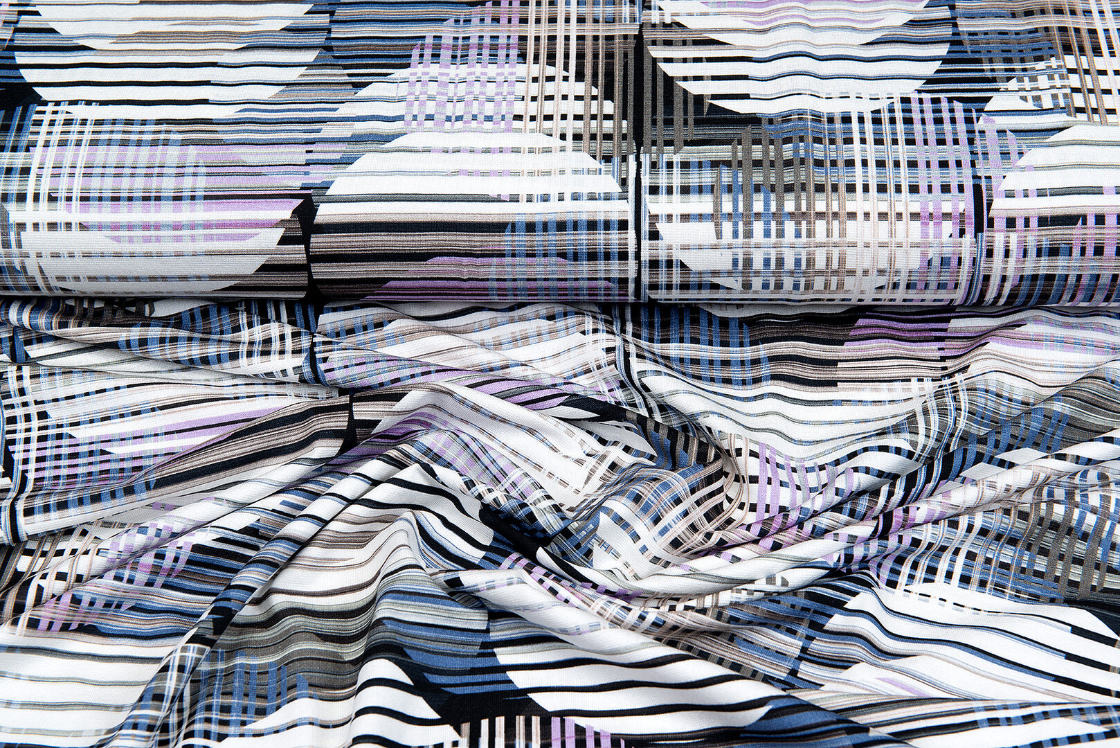 Baumwolljersey bedruckt colorful dot stripes blau-lila-weiss