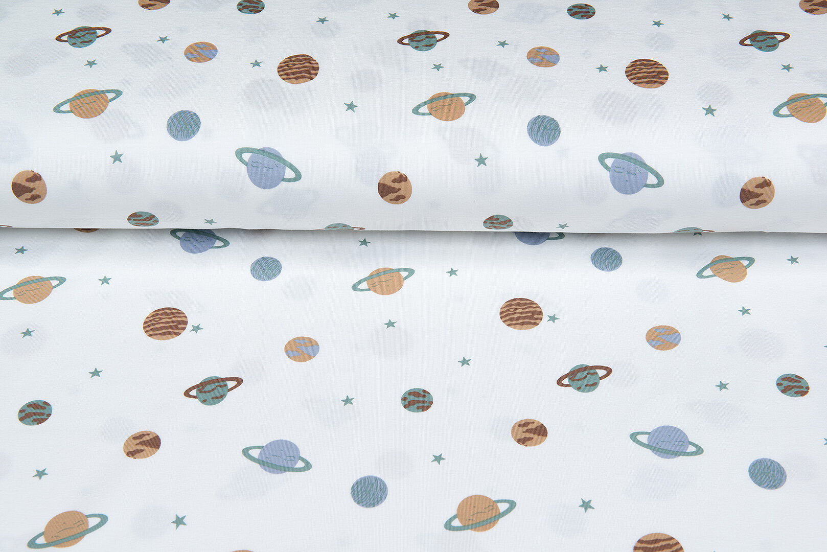 Katoenen Tricot bedrukt mini astro world ecru - oudgroen