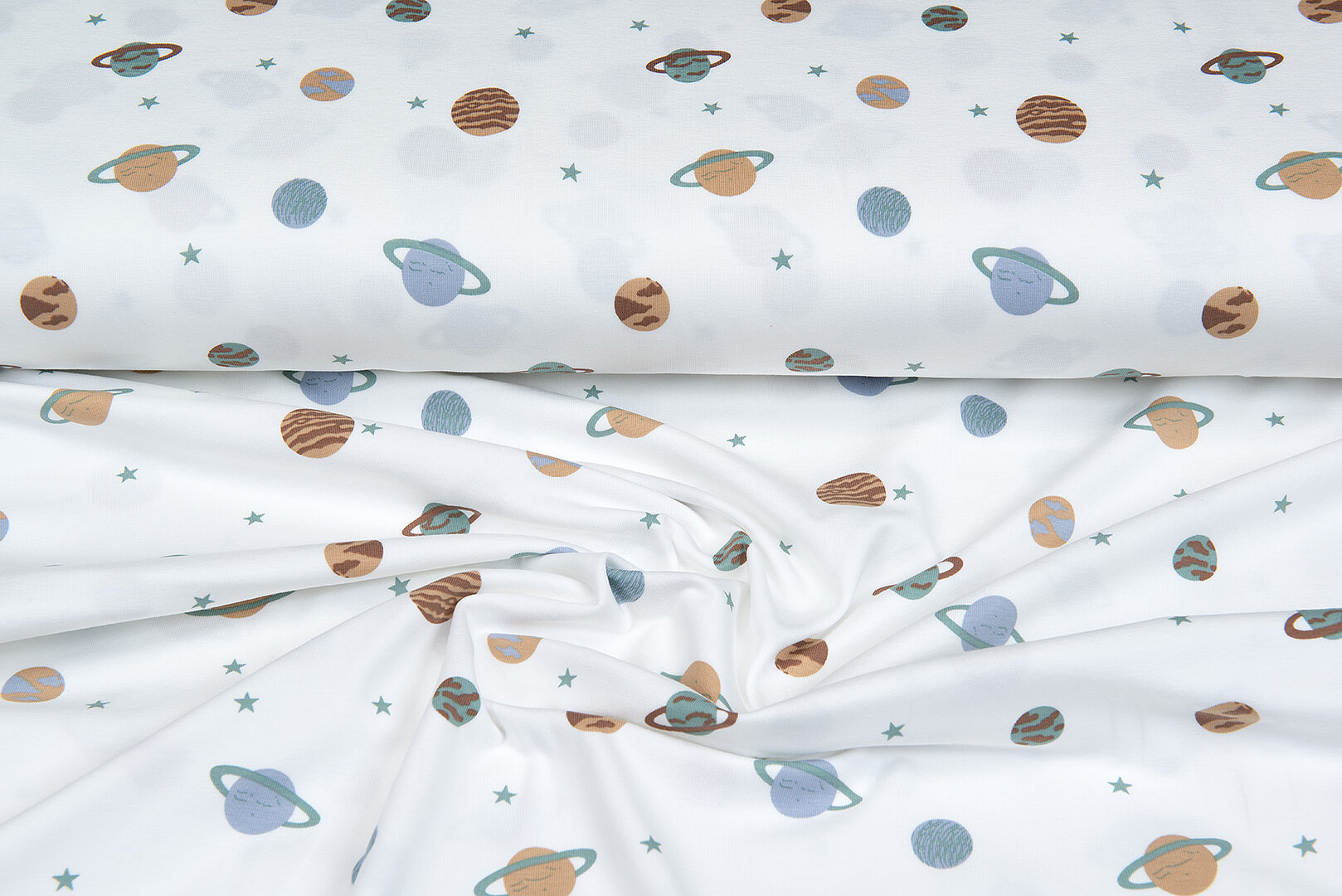 Katoenen Tricot bedrukt mini astro world ecru - oudgroen