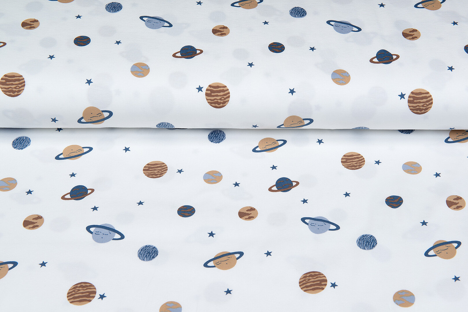 Katoenen Tricot bedrukt mini astro world ecru - metaalblauw