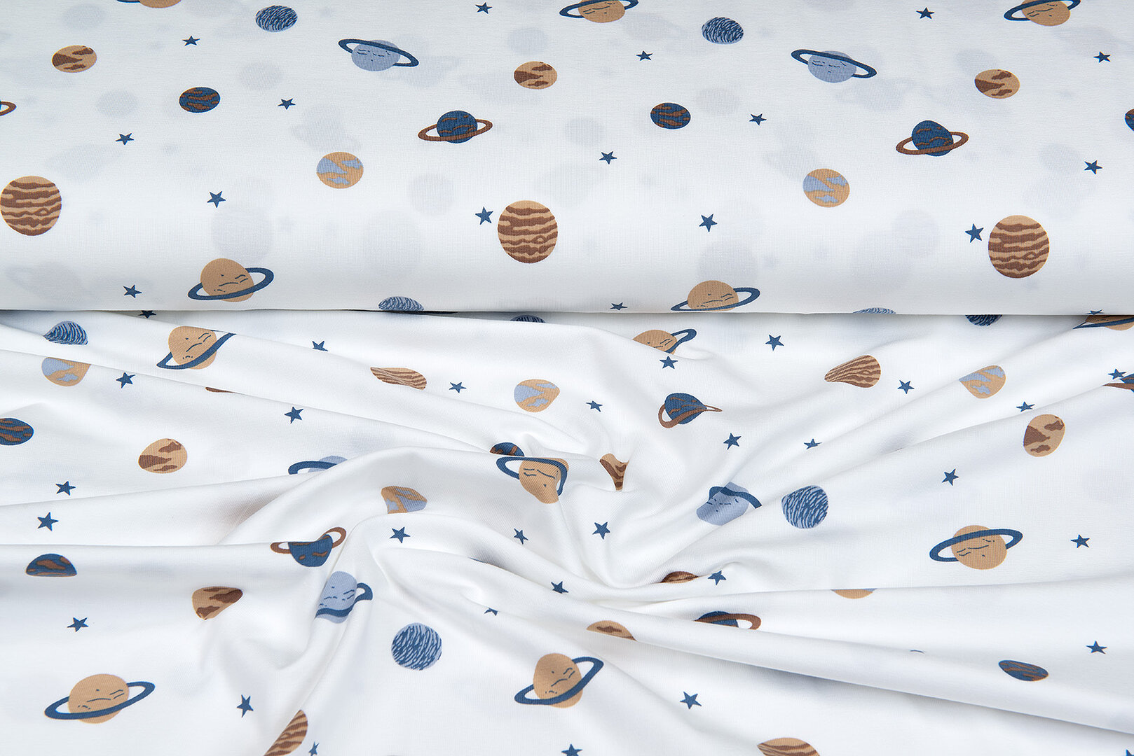 Katoenen Tricot bedrukt mini astro world ecru - metaalblauw