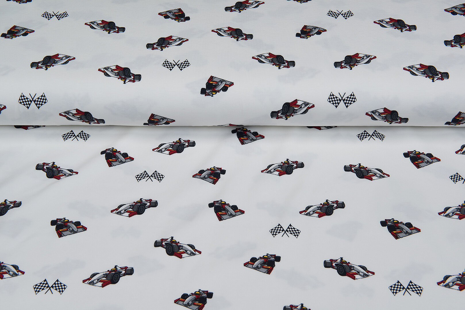 Katoenen Tricot bedrukt race cars off-white