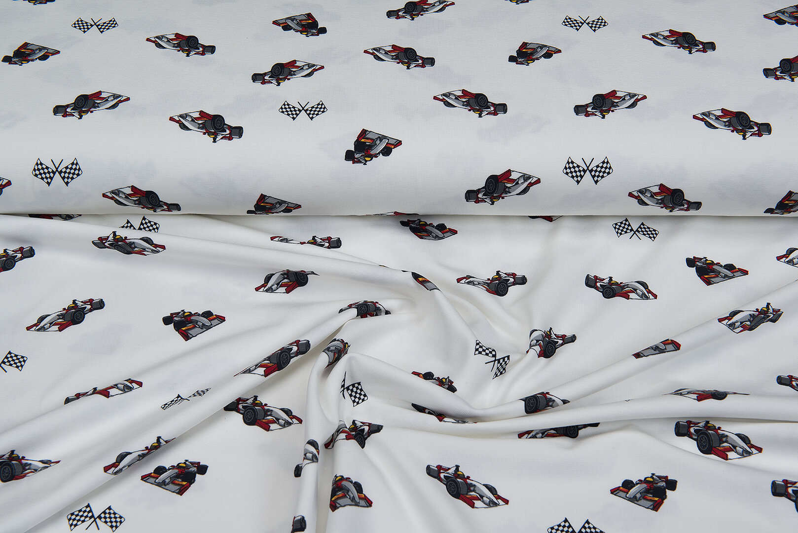 Katoenen Tricot bedrukt race cars off-white