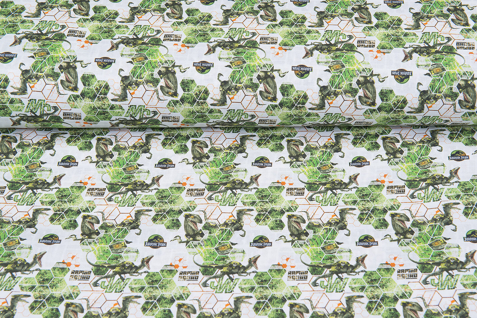 Lizenz Baumwoll Popeline Bedruckt Jurrassic World weiss-gr&uuml;n