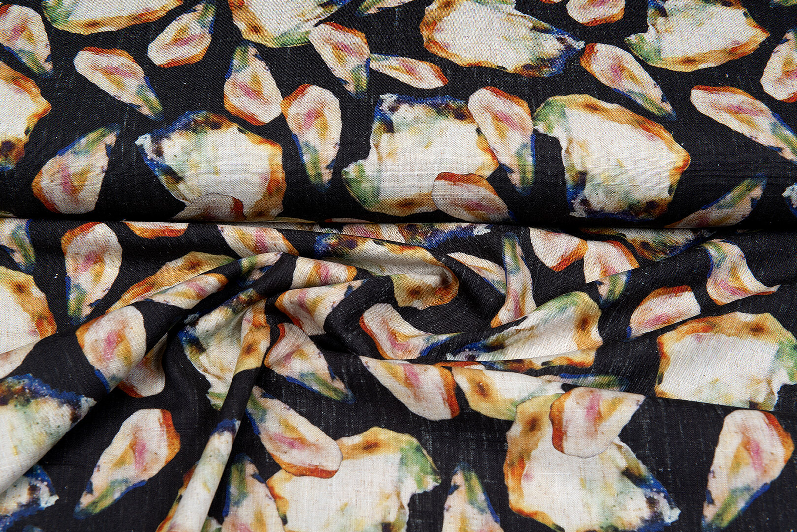Viscose Linnen Digitaal bedrukt retro leaves donkerblauw