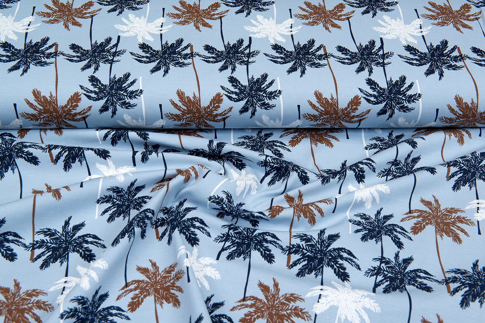 Katoenen Tricot bedrukt palm baby blauw