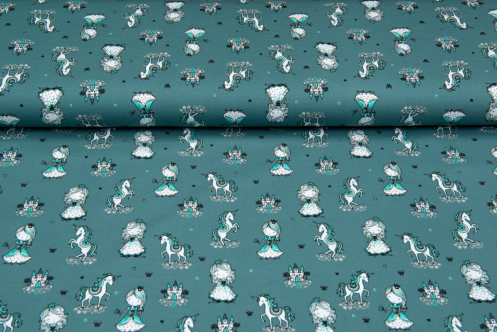 Katoenen Tricot bedrukt princesses donkermint