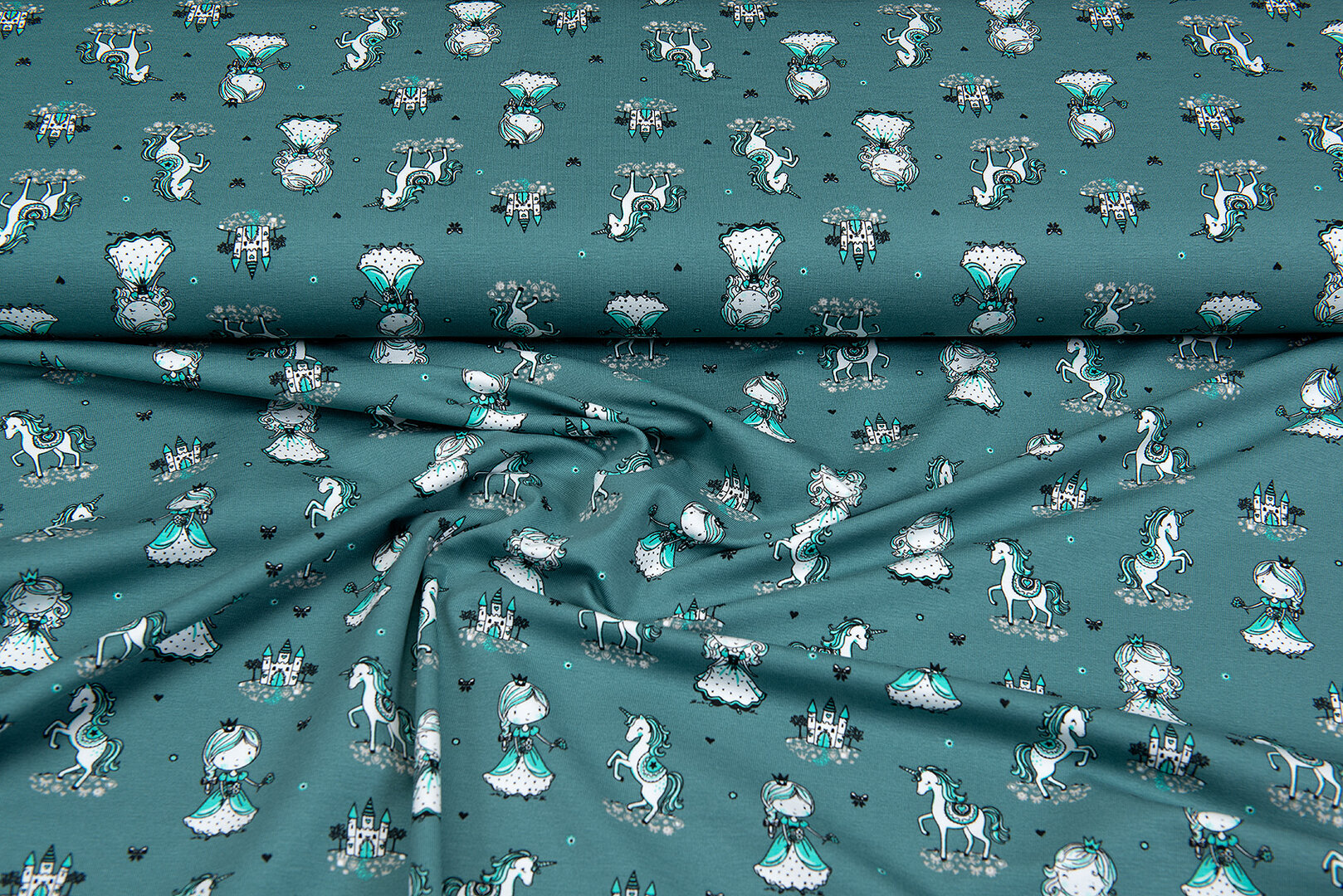 Katoenen Tricot bedrukt princesses donkermint