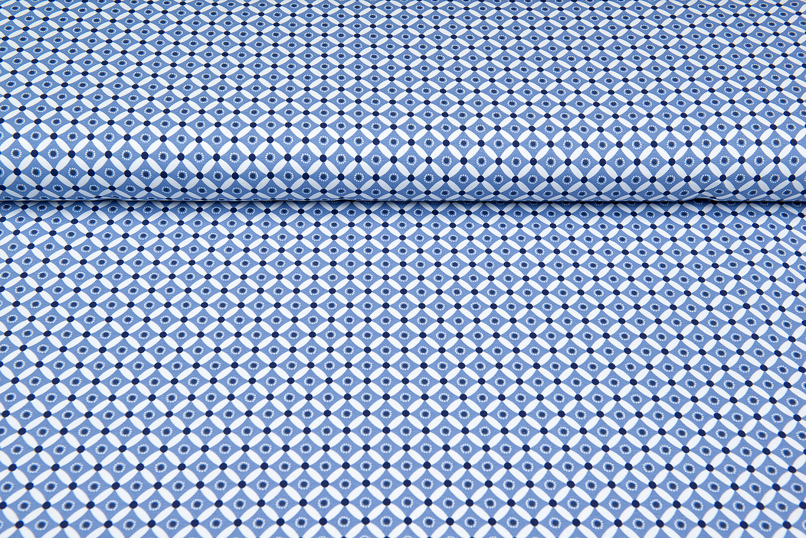 Katoenen Tricot bedrukt geo dots denim