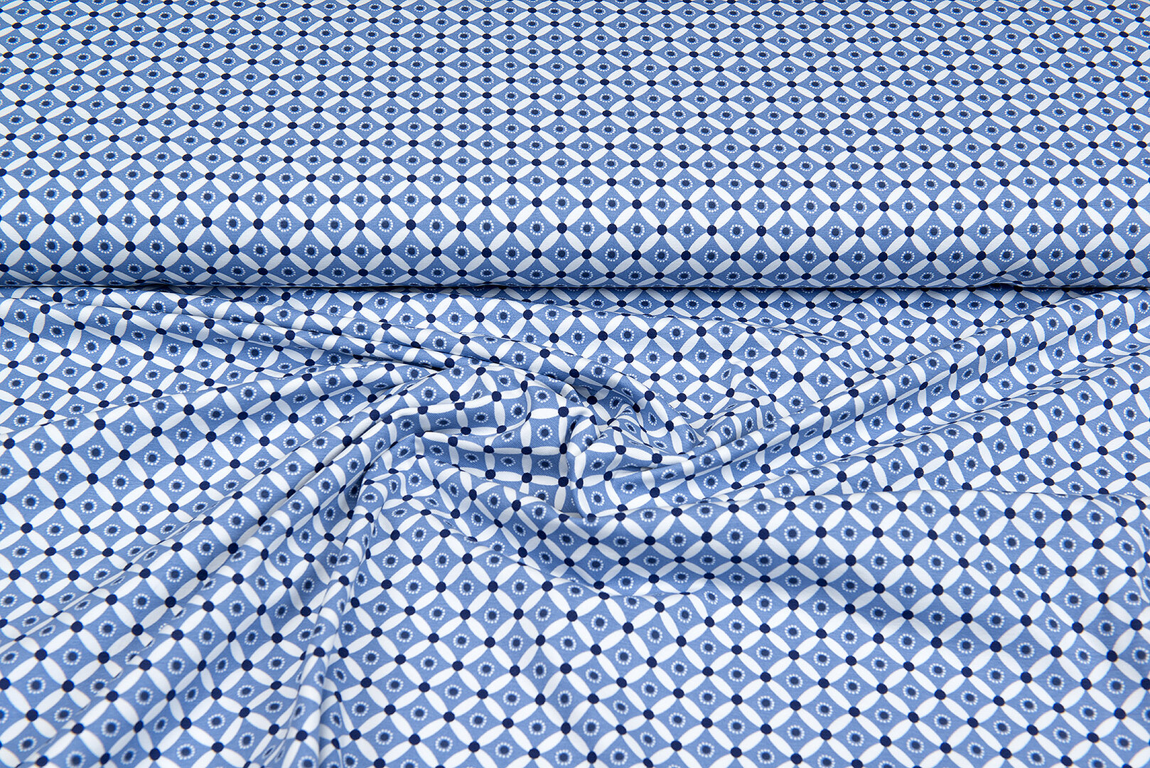 Katoenen Tricot bedrukt geo dots denim