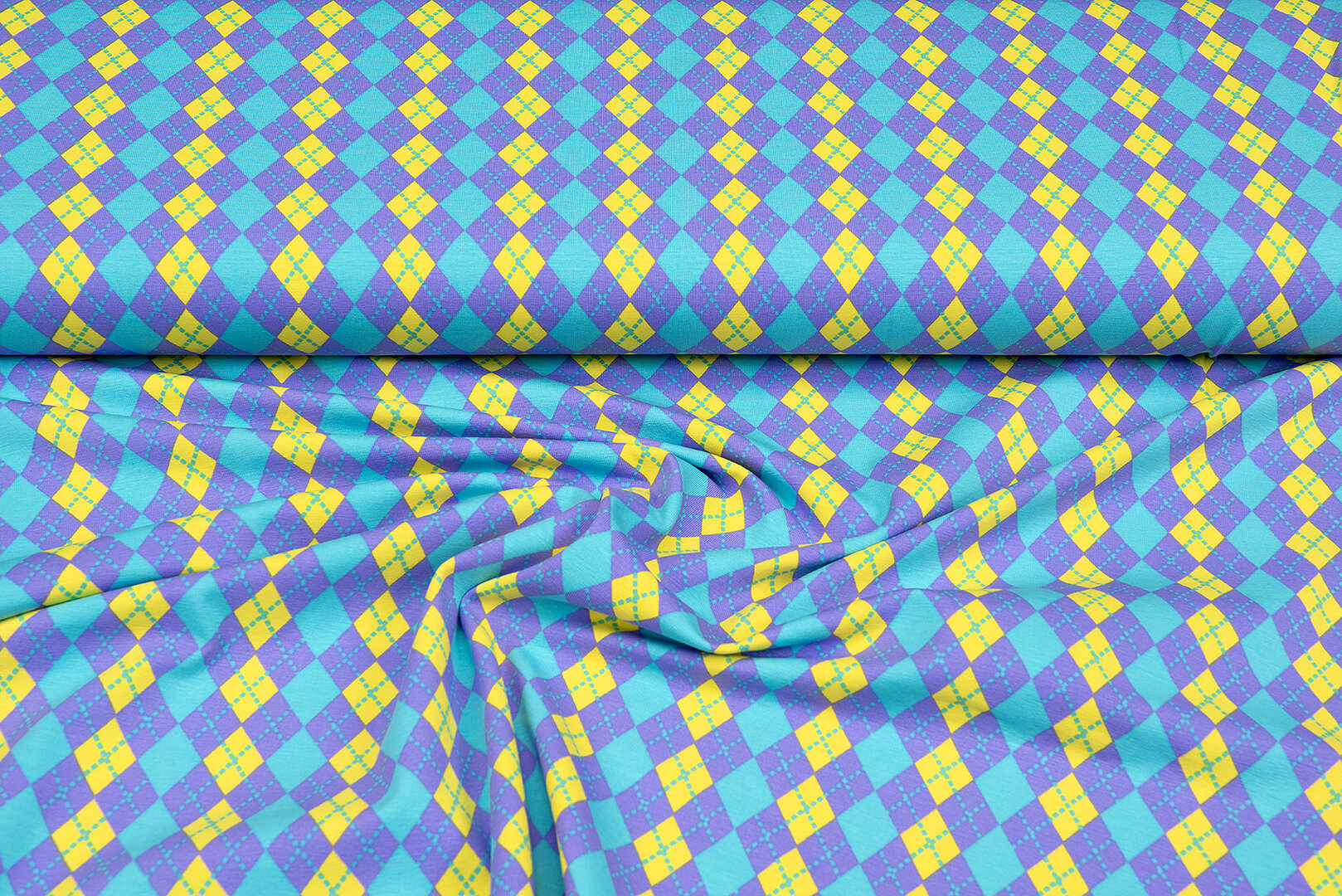 Baumwolljersey bedruckt diamonds gelb-lila