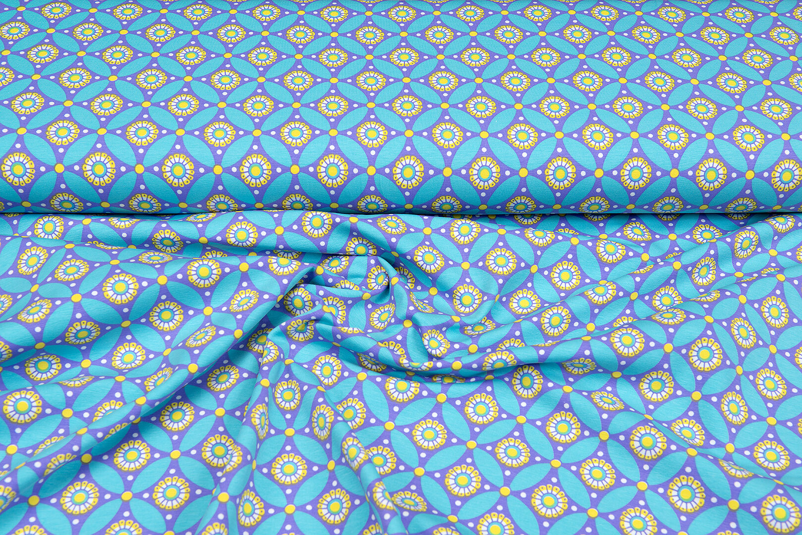 Katoenen Tricot bedrukt geo circles mint