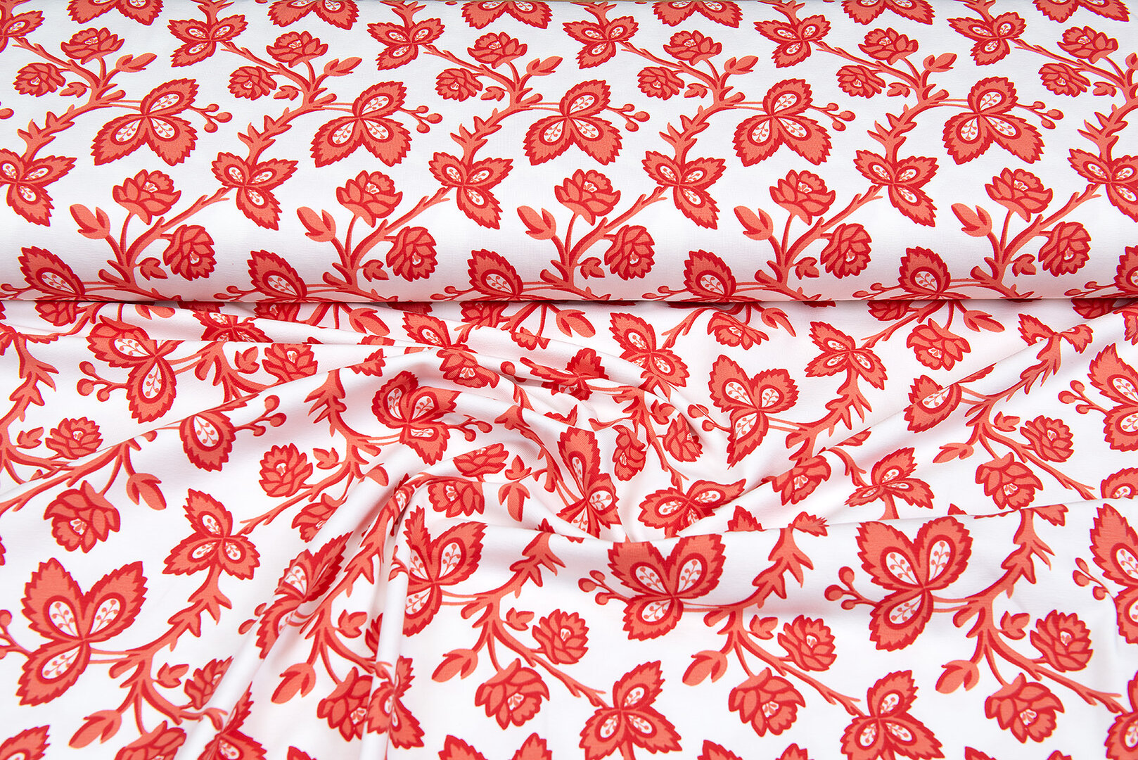 Katoenen Tricot bedrukt flowers koralrood