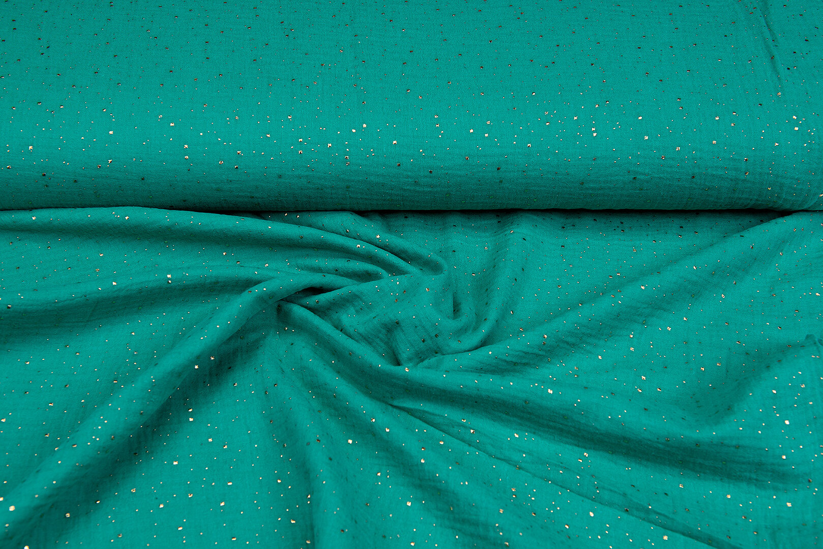Katoenen mousseline bedrukt glitzer gold emerald