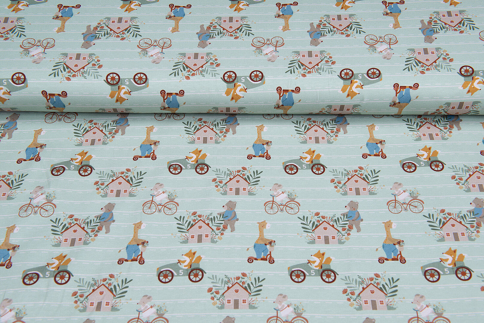 Katoenen Tricot bedrukt retro animals mint