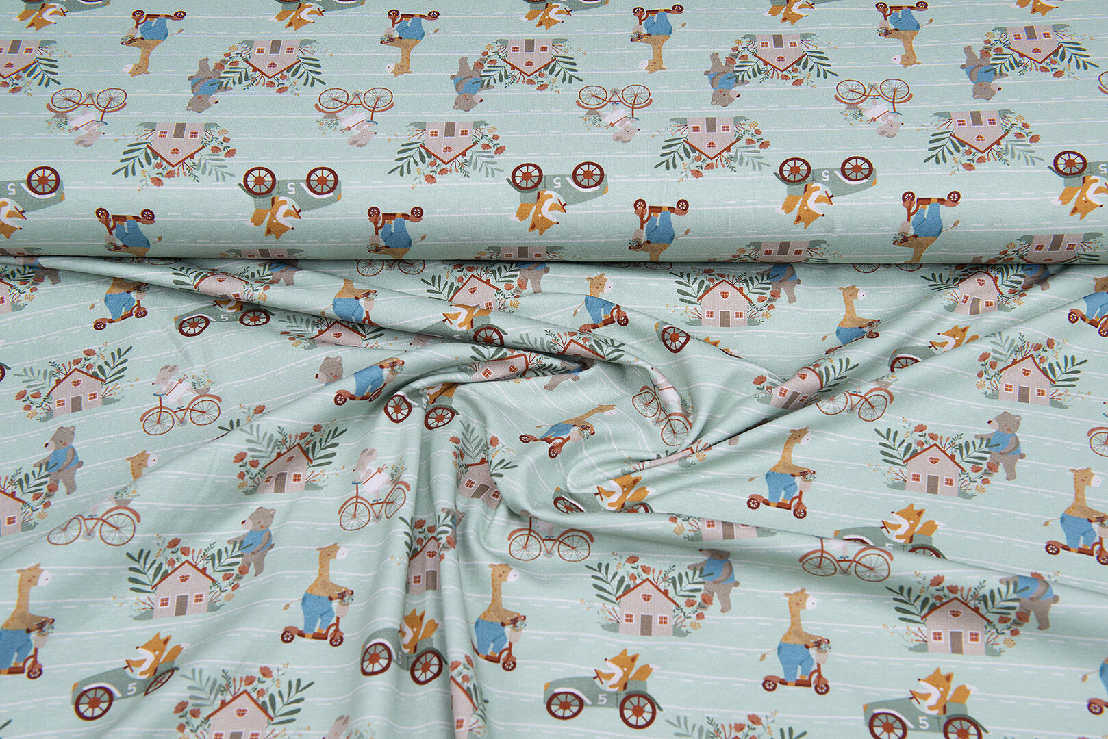 Katoenen Tricot bedrukt retro animals mint