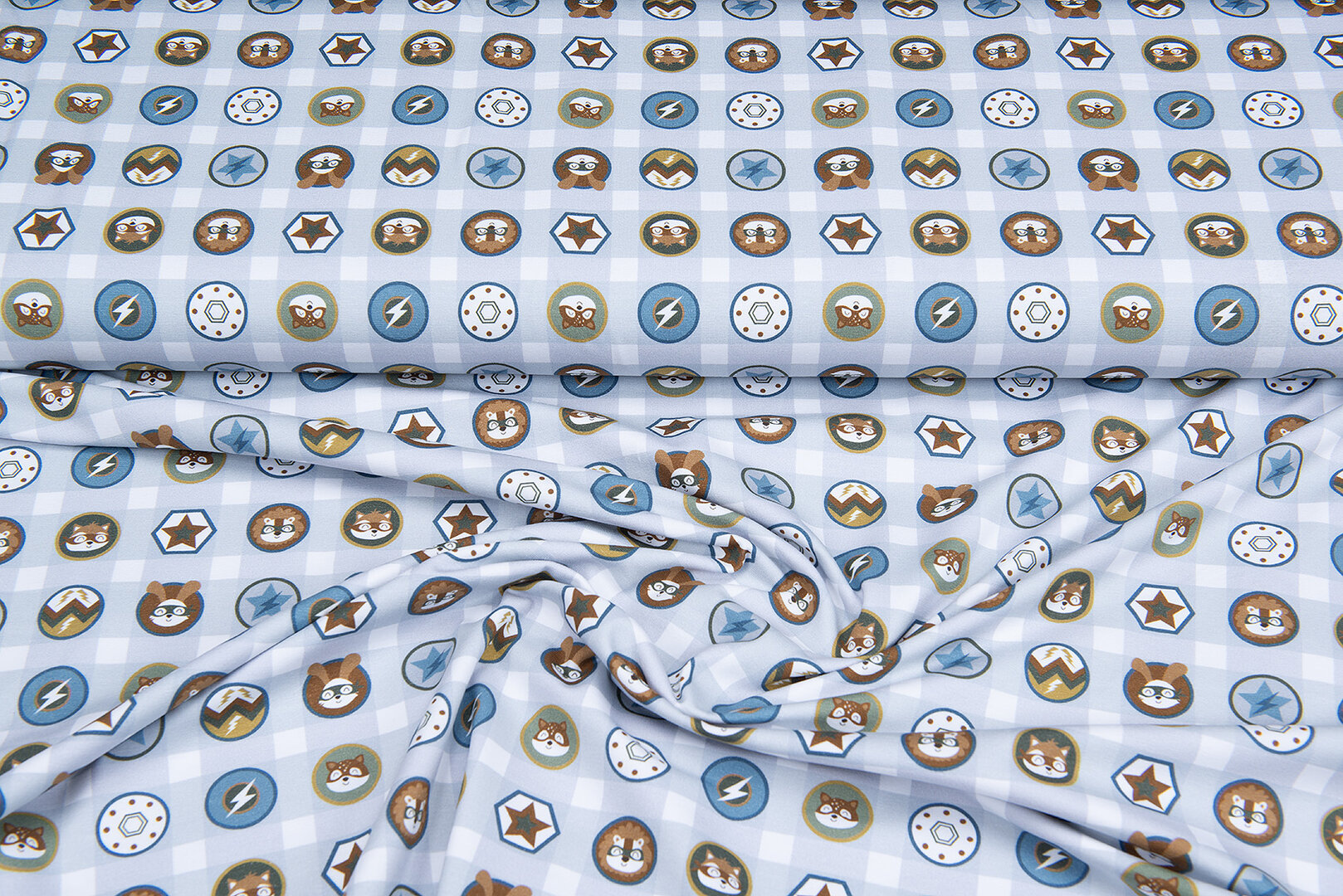 Katoenen Tricot bedrukt super bears stars blauw