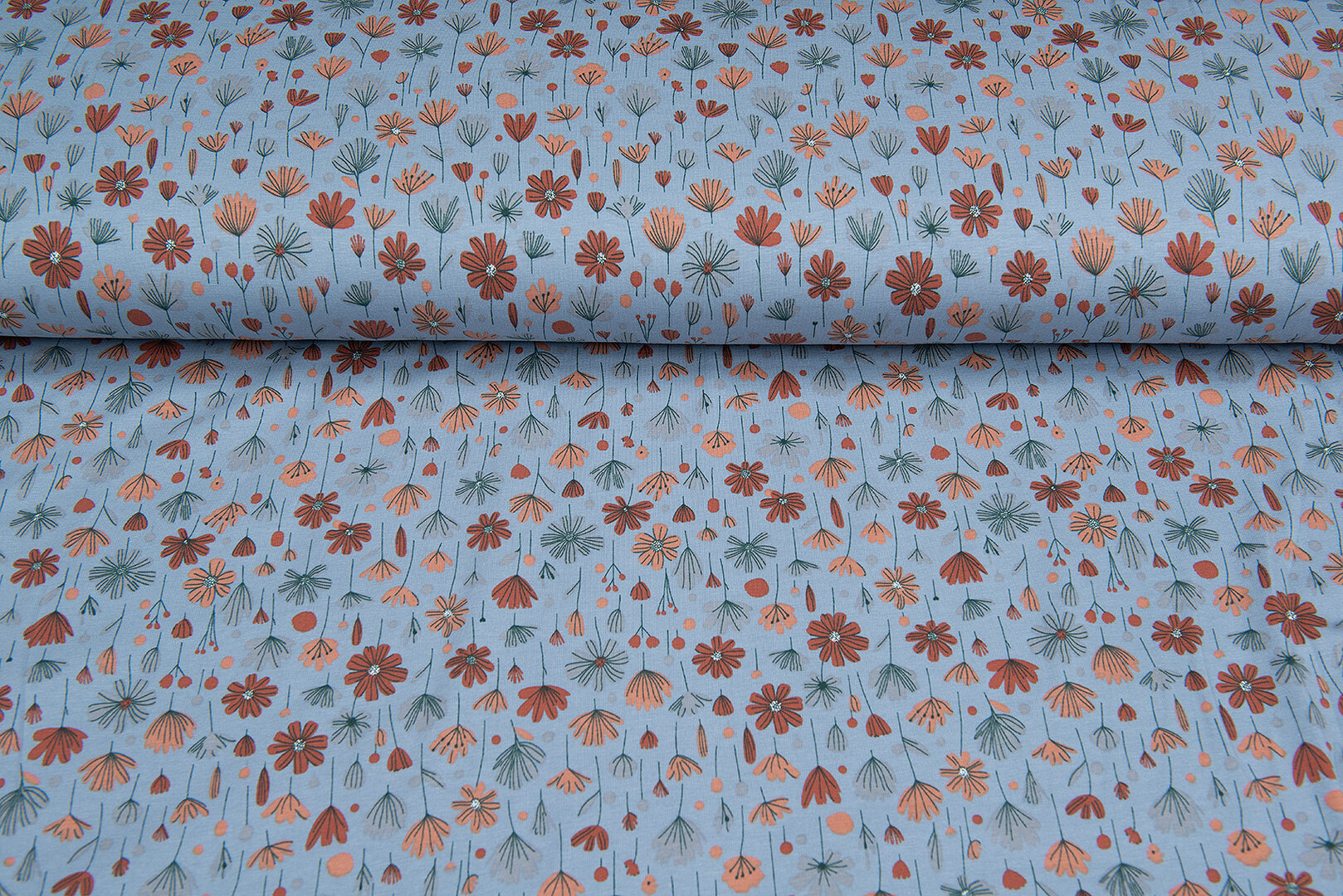 Katoenen Tricot bedrukt flowers metaalblauw