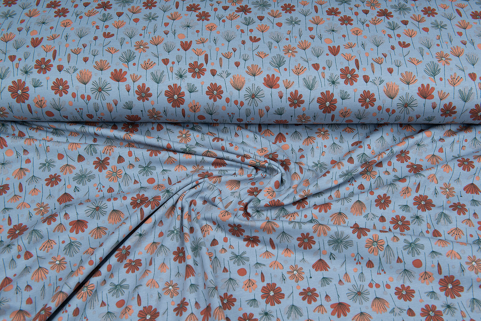 Katoenen Tricot bedrukt flowers metaalblauw