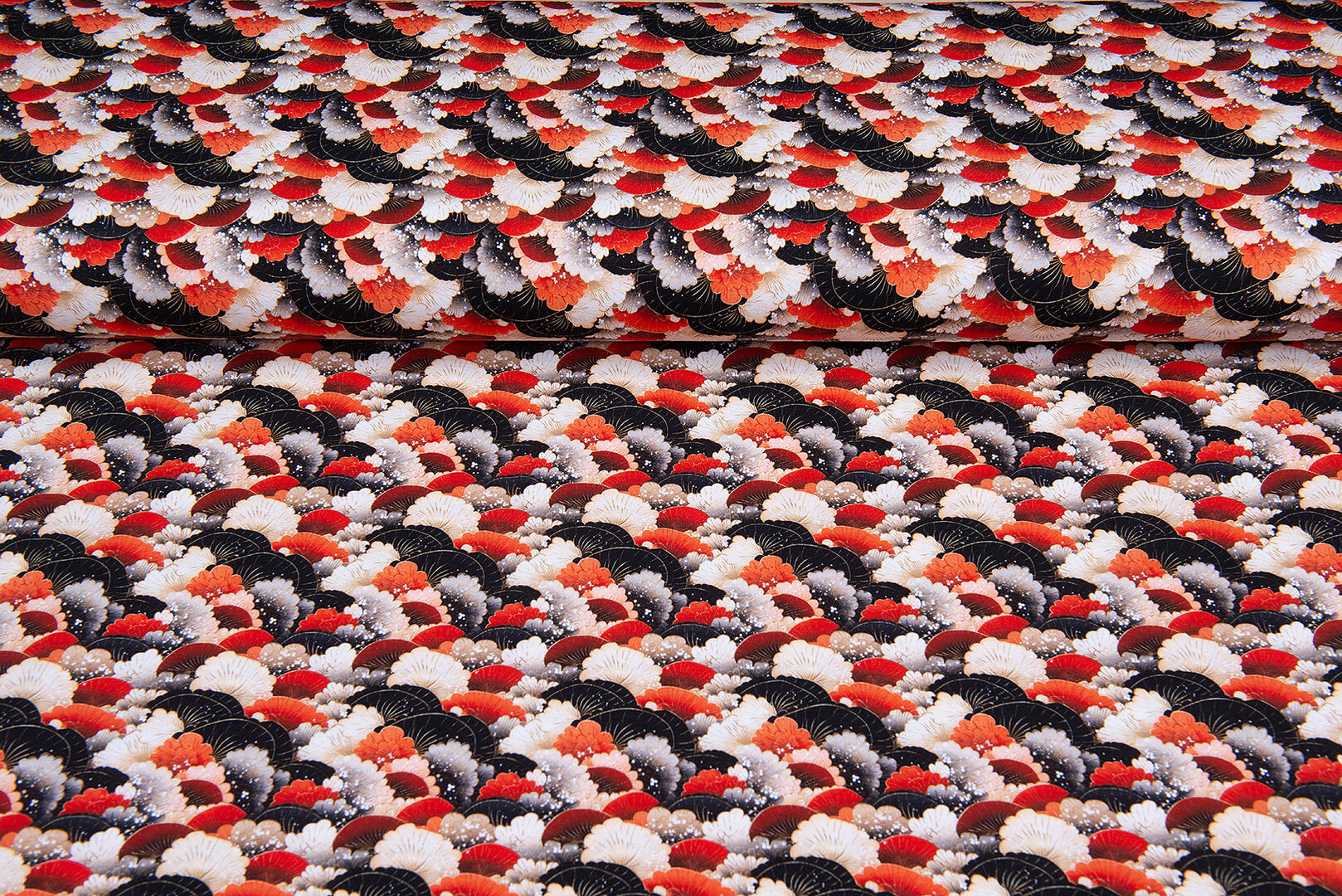 Katoenen Tricot bedrukt retro flowers rood-zwart