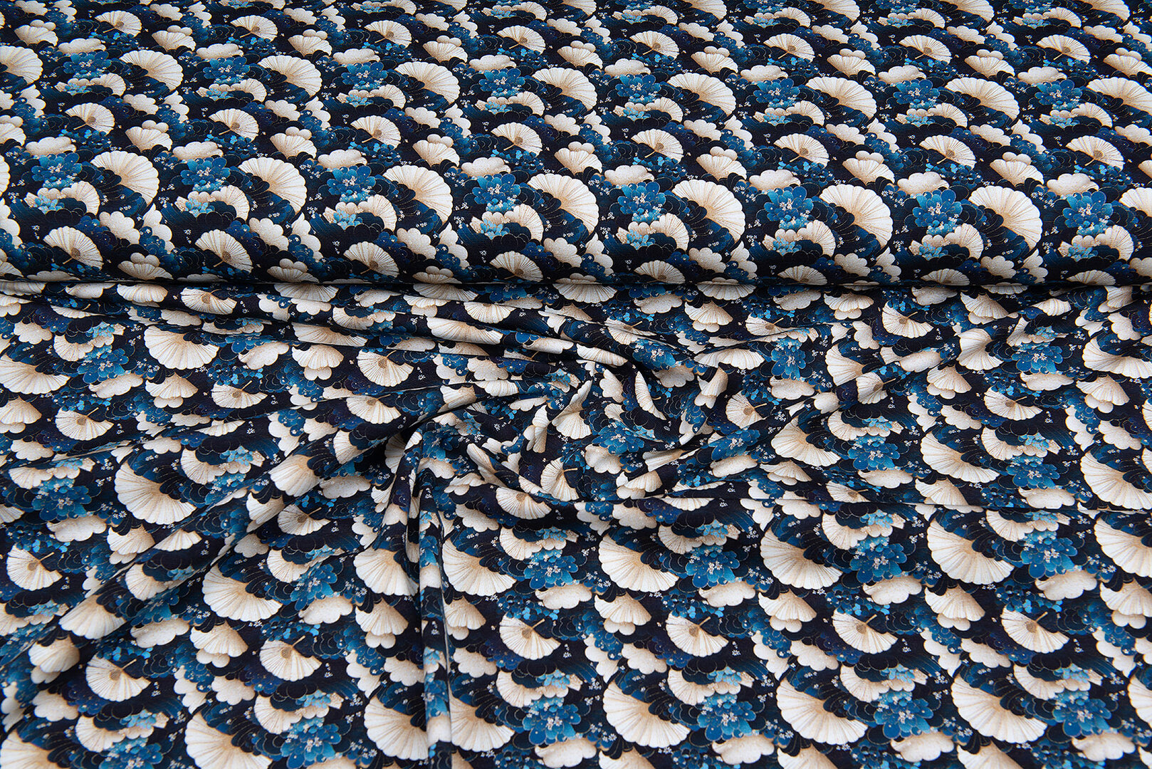 Katoenen Tricot bedrukt retro flowers blauw-beige