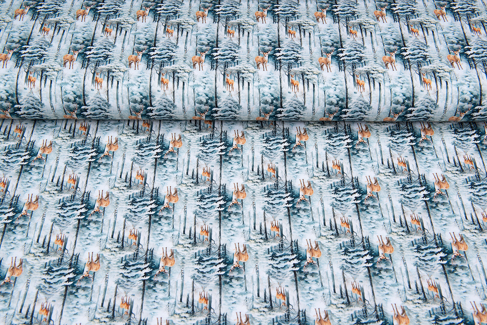 Katoenen Tricot bedrukt snow tree reindeer