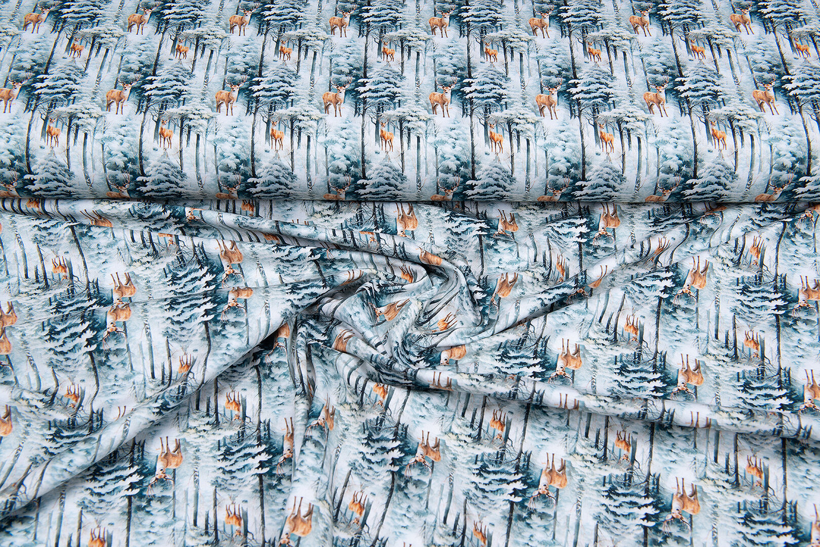 Katoenen Tricot bedrukt snow tree reindeer