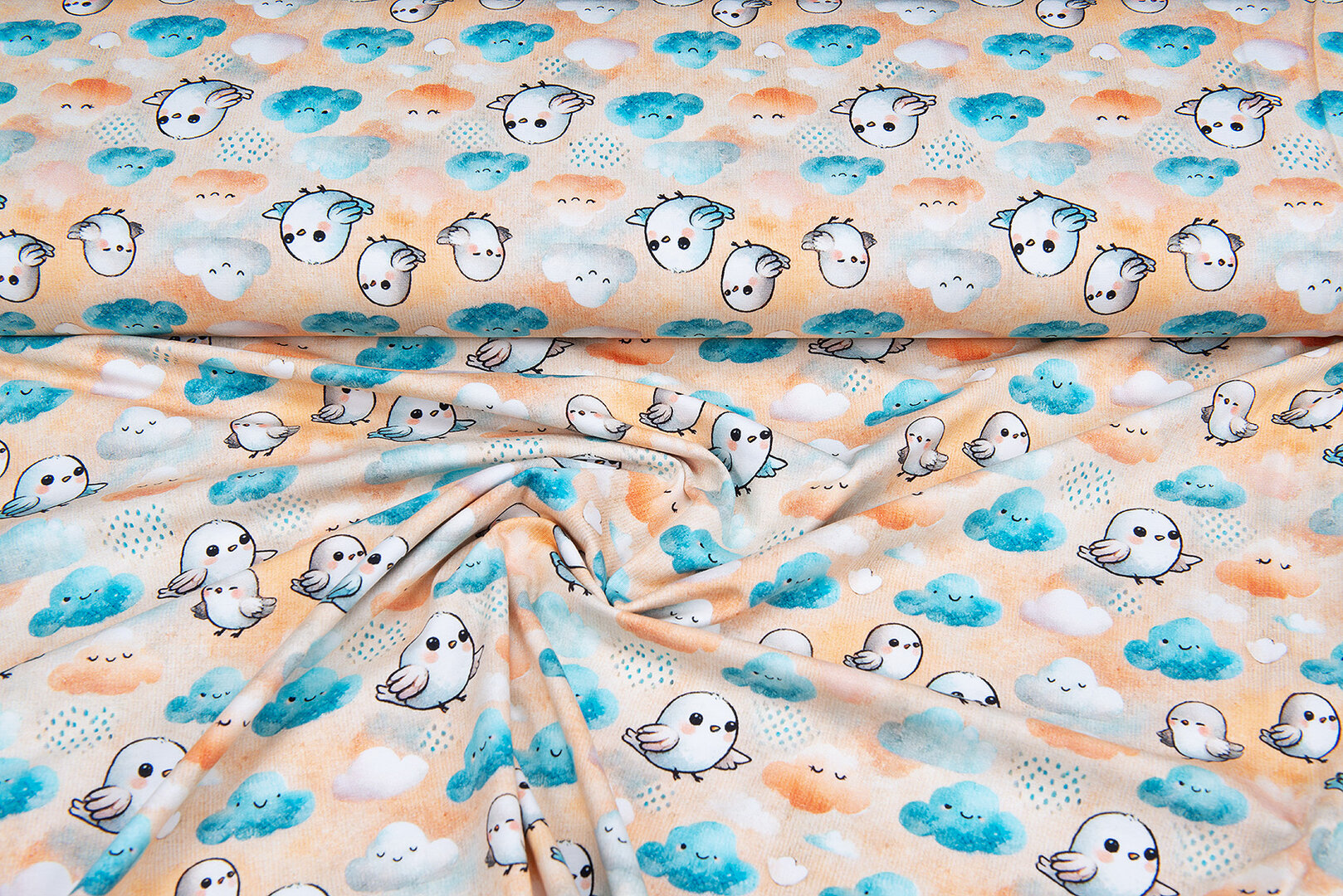 Katoenen Tricot bedrukt little chicken clouds