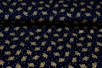 Katoen Poplin bedrukt kerst golden twigs donkerblauw