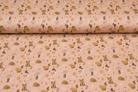 Katoenen Tricot bedrukt cats with flowers pastelzalm
