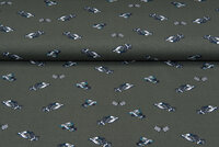 Katoenen Tricot bedrukt race cars legergroen