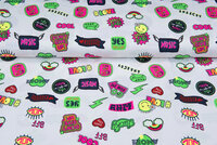 Katoenen Tricot bedrukt neon stickers off-white