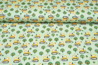 Katoenen Tricot digitaal bedrukt apple with bulldozer lichtgroen