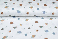 Katoenen Tricot bedrukt mini astro world ecru - oudgroen