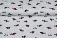 Katoenen Tricot bedrukt race cars off-white