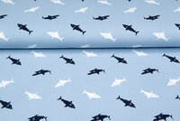 Katoenen Tricot bedrukt sharks blauw