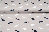 Katoenen Tricot bedrukt sharks zand-taupe
