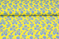 Katoenen Tricot bedrukt flowers geel-paars