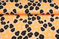 Katoenen Tricot bedrukt leopard with stars neon oranje