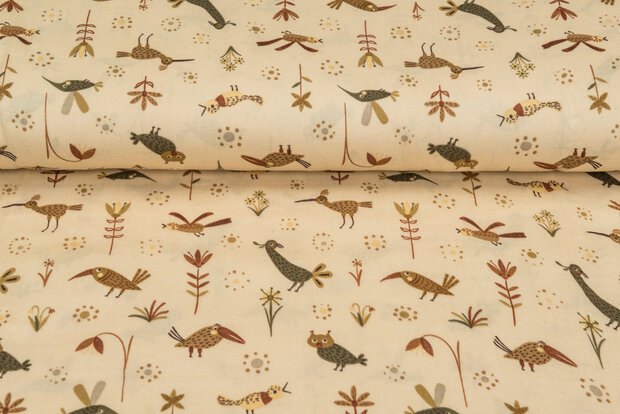 Katoenen Mousseline bedrukt glad funny birds