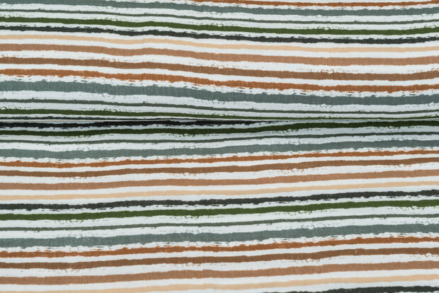 Baumwoll Musselin bedruckt smal stripes gr&uuml;n-braun