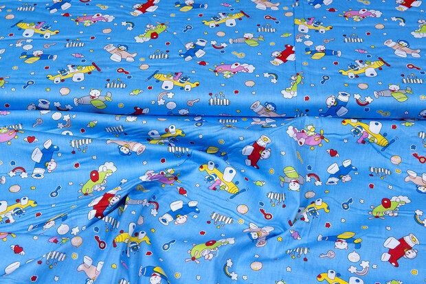 Katoen Poplin bedrukt cute airplanes blauw