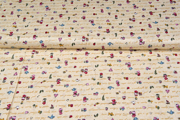 Katoen Poplin bedrukt smal things geel-camel