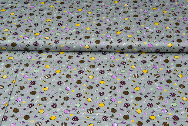 Katoen Poplin bedrukt fruit candy grijs-groen